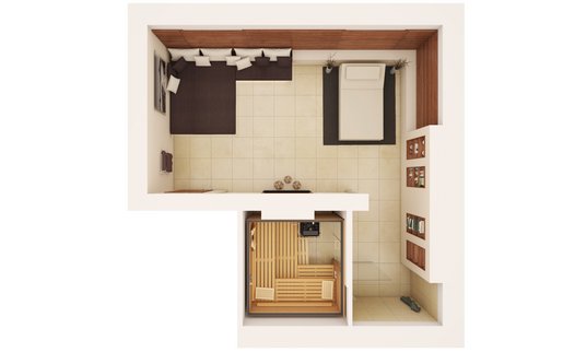 KLAFS ideeën wellnessruimte: plattegrond wellnessruimte thuis, sauna PREMIUM met Q-panelen gekleurd licht en InfraPLUS-zitting, SWAY en SONNENWIESE®.