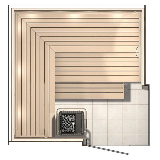 Typische saunaplattegrond voor saunainstallatie: Meestal zijn de saunabanken rond hoeken opgesteld